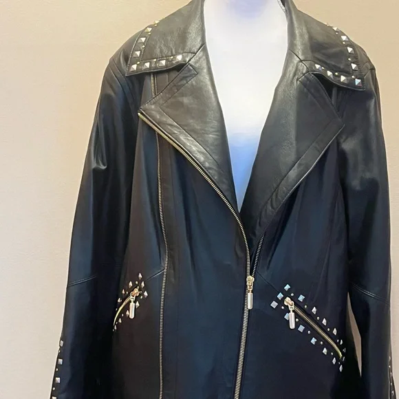 #178 NWOT, Original by Sharif Black Studded Leather Jacket. Size 1X - Picture 2 of 14